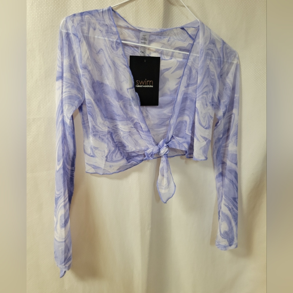 Naked Wardrobe Swim NWT Blue Marble Pattern Sheer Tie Swim Cover Top Size Small